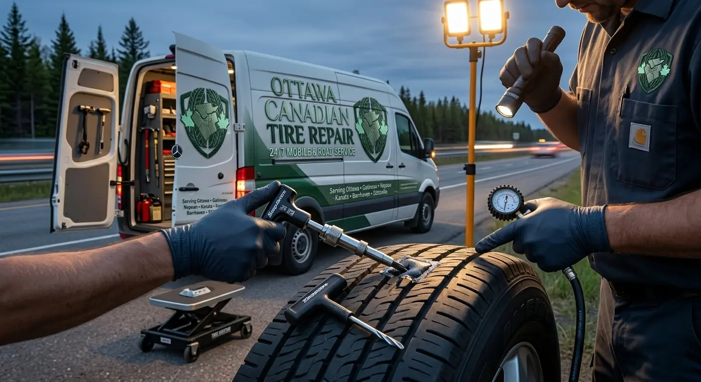 Technician repairing punctured tire tread with professional tools