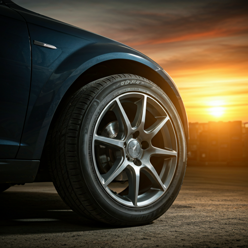 Professional mobile tire technician at work during sunset