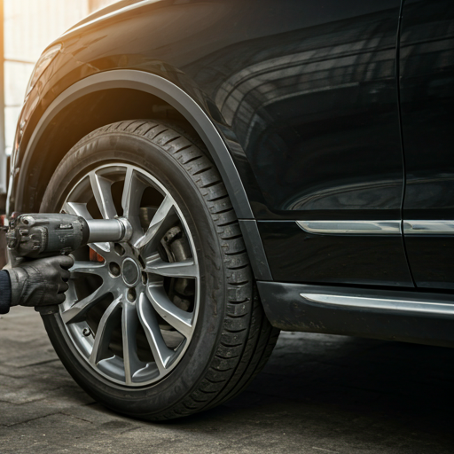 Professional impact wrench changing tire on a black SUV