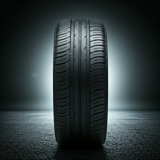 High-performance tire tread on wet Ottawa asphalt — moody industrial lighting